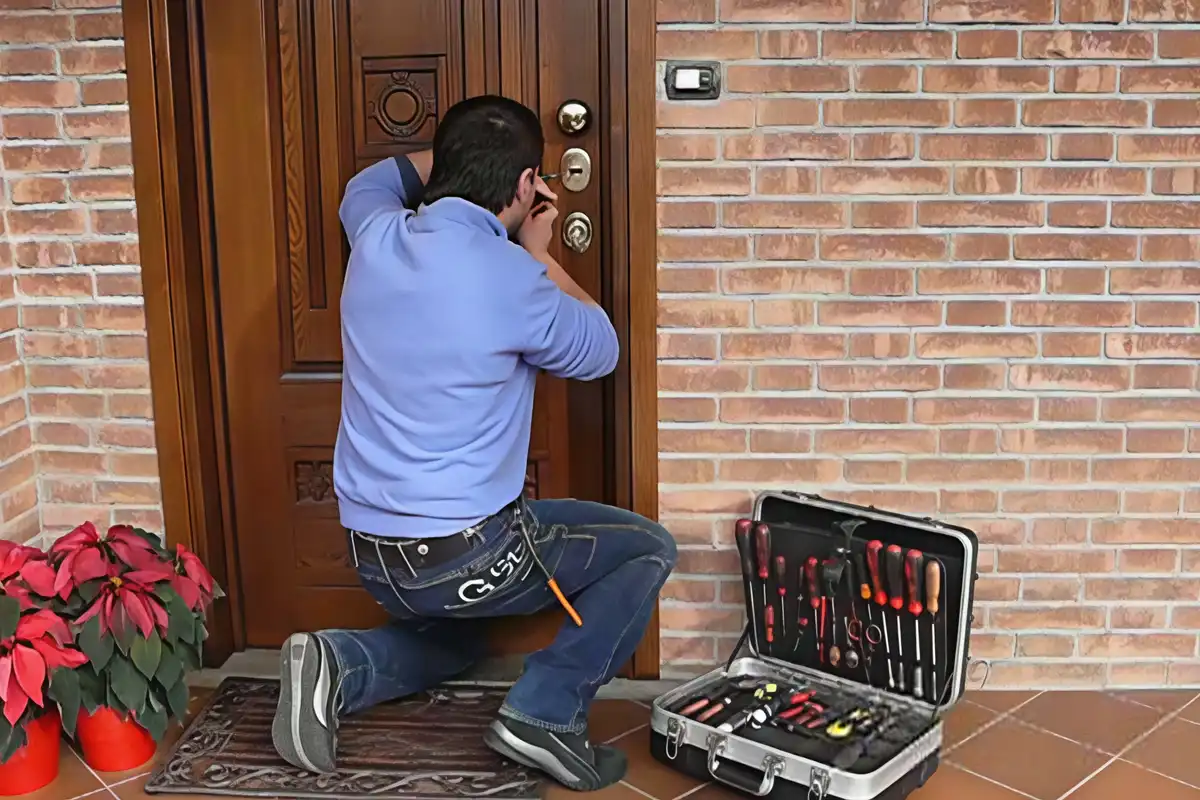 Fabbro intento ad aprire una porta blindata in una villa a Torino