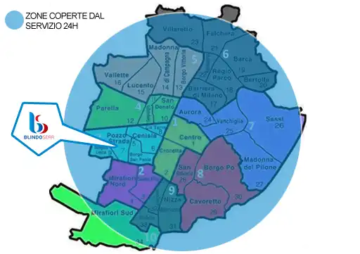 Mappa dei quartieri di Torino coperti dal servizio fabbro Blindoserr