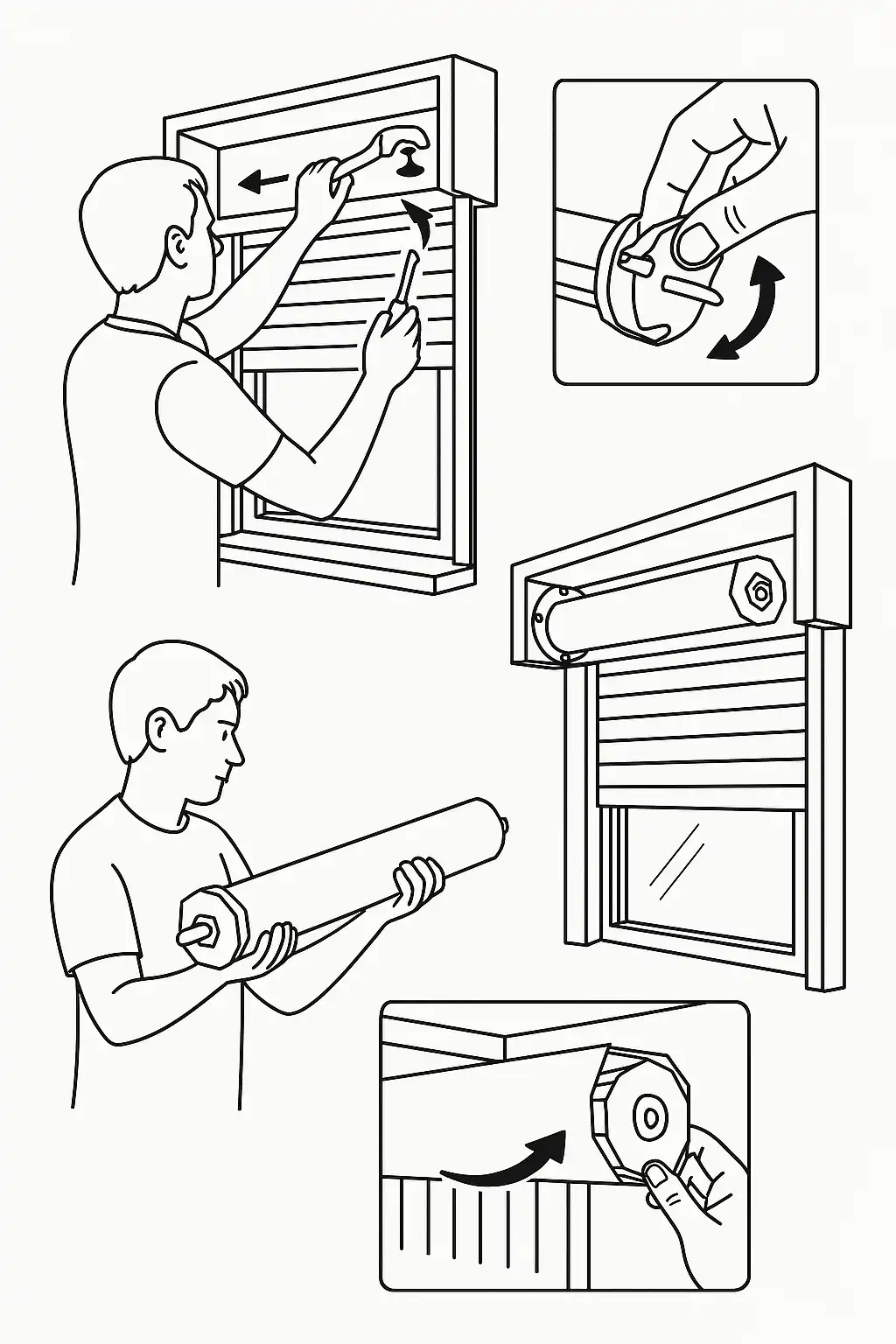 Illustrazione passo passo della rimozione del rullo della tapparella, con strumenti e movimenti